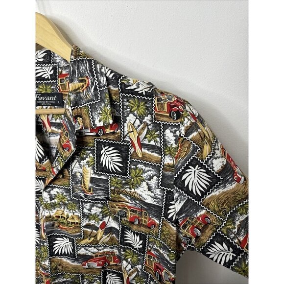 Favant Men's Hawaiian Shirt Large Front Pocket Palm Trees Birding Cars Retro - Picture 3 of 5